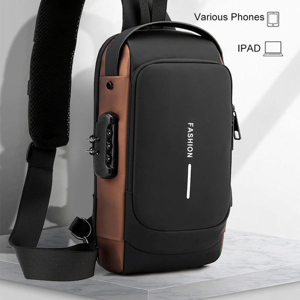 Fashion Men Sling Bag Pack with Lock Waterproof Anti-Theft Chest Bag